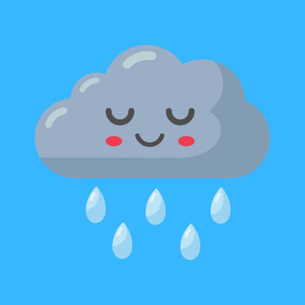 Cartoon graphic of a smiling rain cloud with its eyes closed on a blue background.