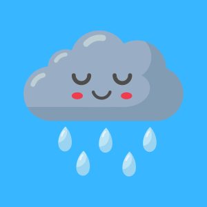 Cartoon graphic of a smiling rain cloud with its eyes closed on a blue background.