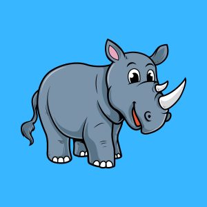 Cartoon graphic of a smiling rhino on a blue background.