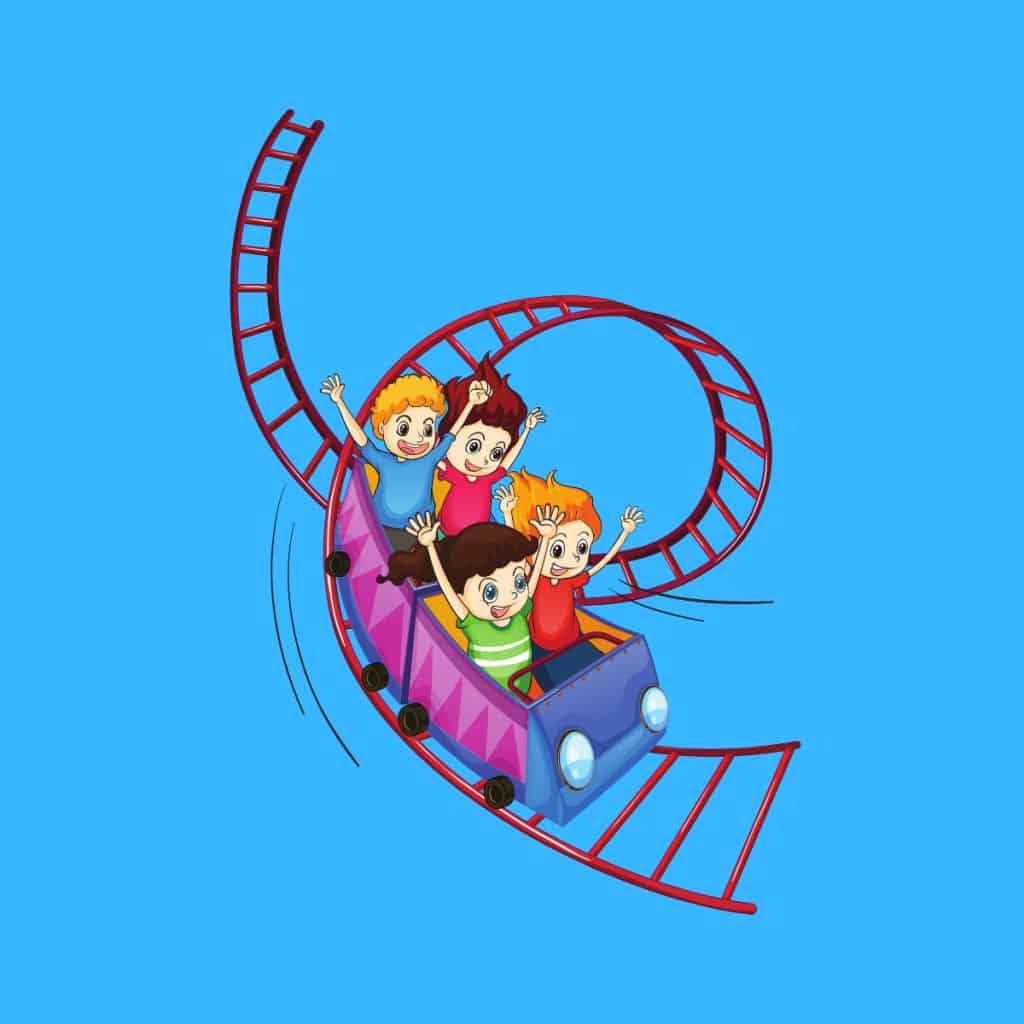 Cartoon graphic of 3 kids in a roller coaster on a blue background.