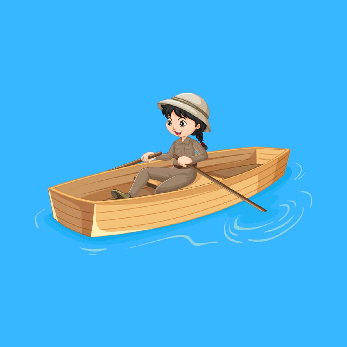 Cartoon graphic of a boy rowing in a row boat on a blue background.