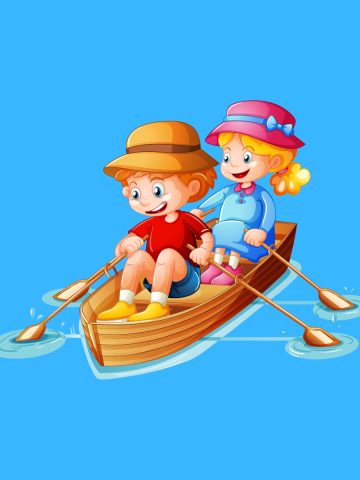 Cartoon graphic of a young boy and girl rowing in a row boat on a blue background.