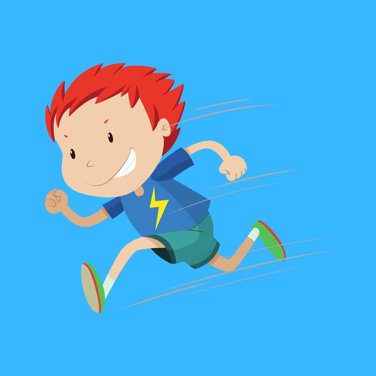 Cartoon graphic of a boy with red hair running fast with a lightning bolt on his shirt on a blue background.