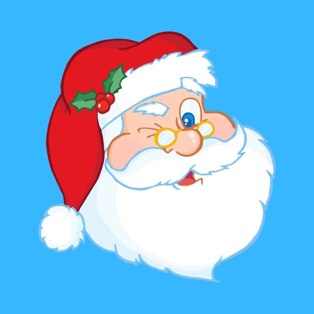 Cartoon graphic of Santa's head winking on a blue background.