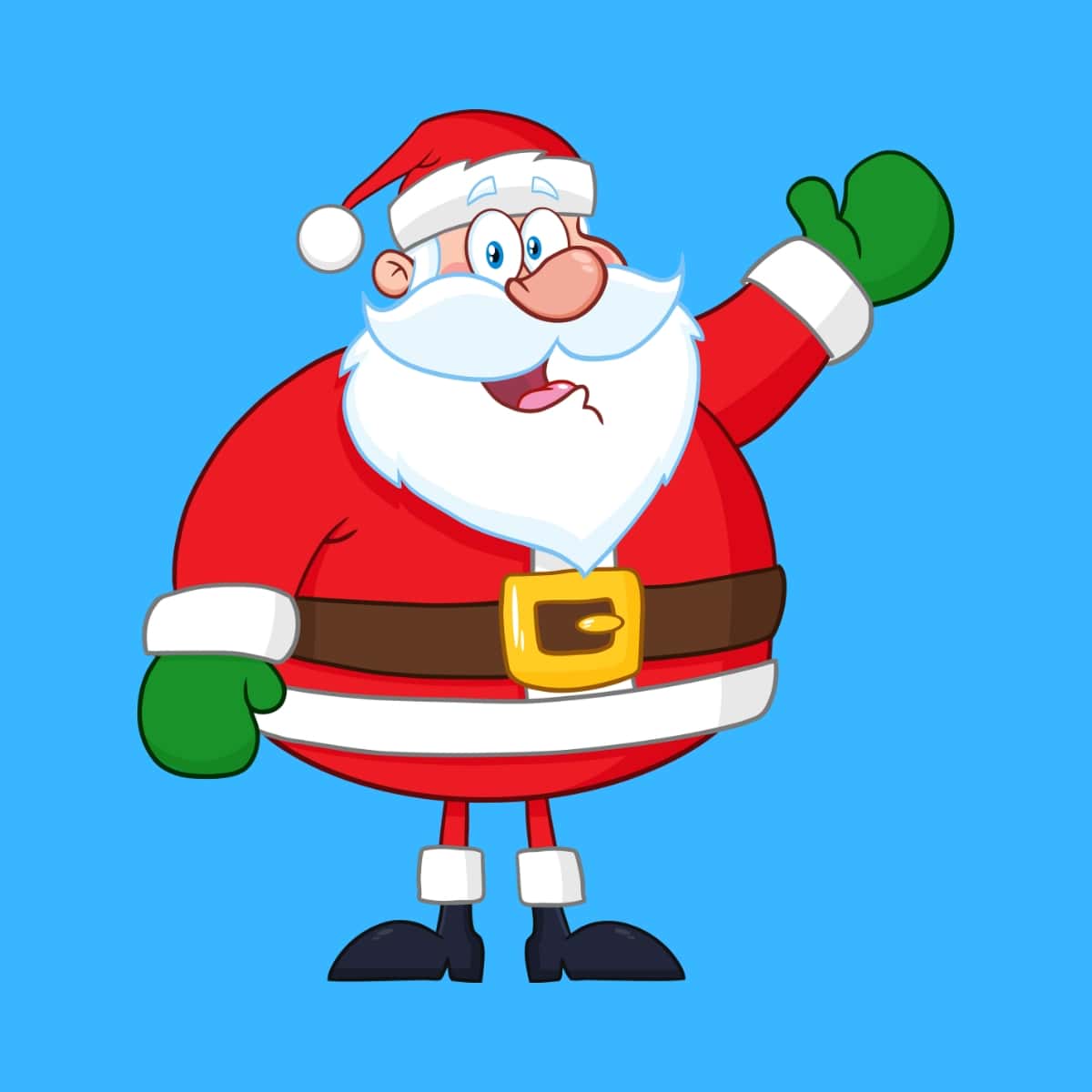 Cartoon graphic of Santa waving with green gloves on a blue background.