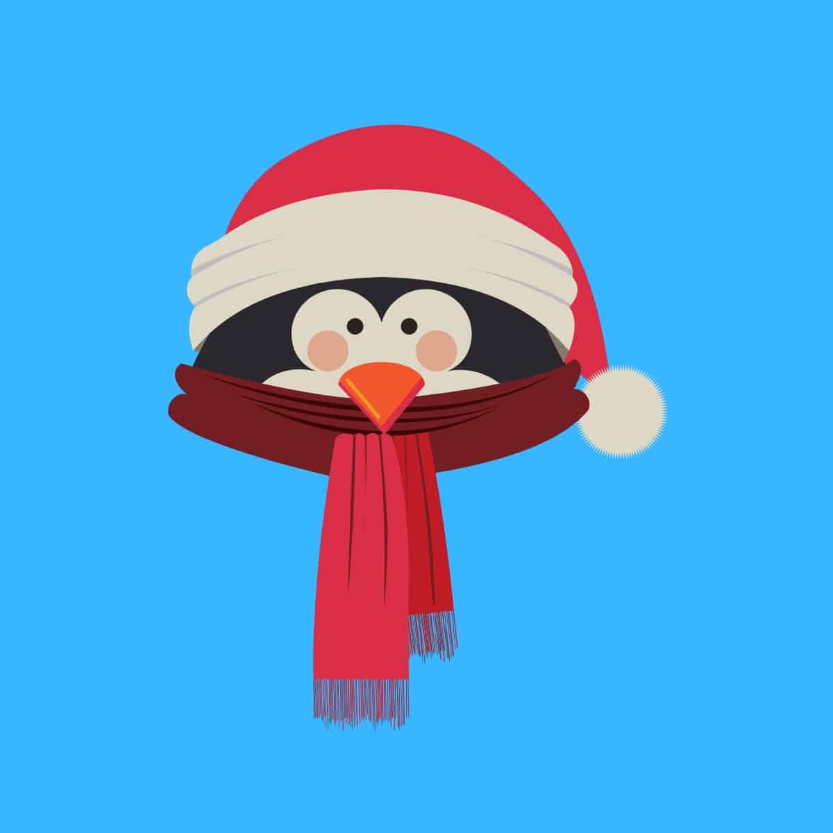 Cartoon graphic of a penguin head wearing a red hat and red scarf on a blue background.