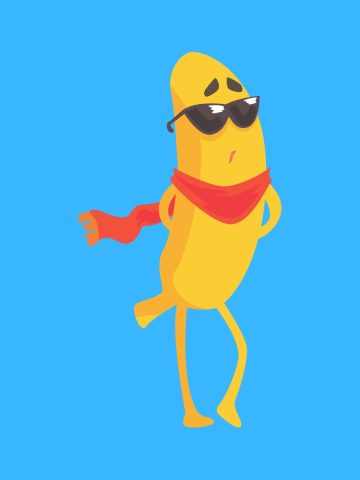 Cartoon graphic of a banana wearing sunglasses and a red scarf on a blue background.
