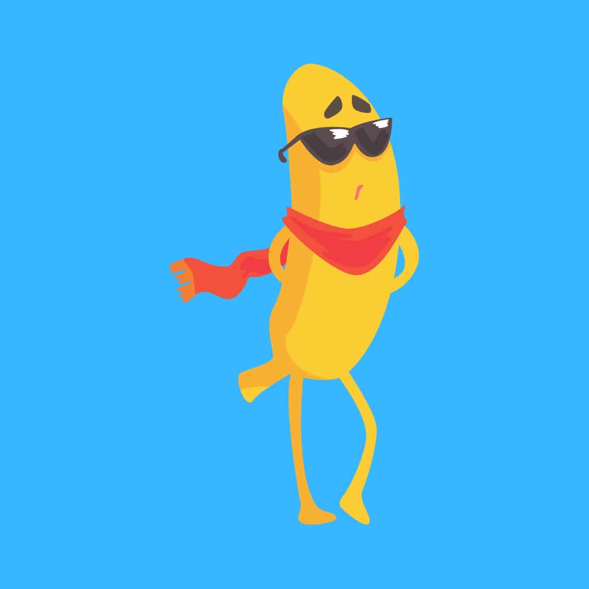 Cartoon graphic of a banana wearing sunglasses and a red scarf on a blue background.