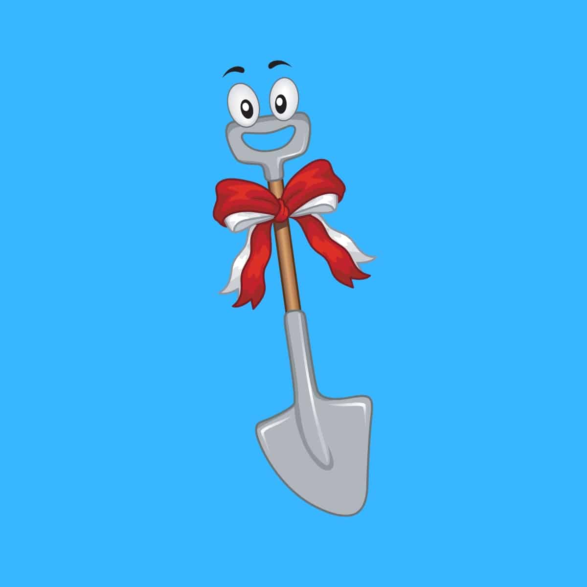 Cartoon graphic of a shovel with a smiling face and a bow around its neck on a blue background.