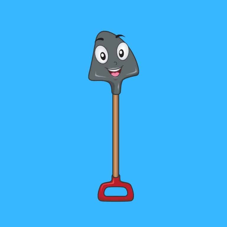 Cartoon graphic of a smiling shovel standing on its handle on a blue background.