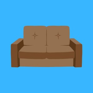 Cartoon graphic of a brown Simpsons couch on a blue background.