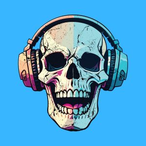 Cartoon graphic of a skull wearing headphones and laughing on a blue background.