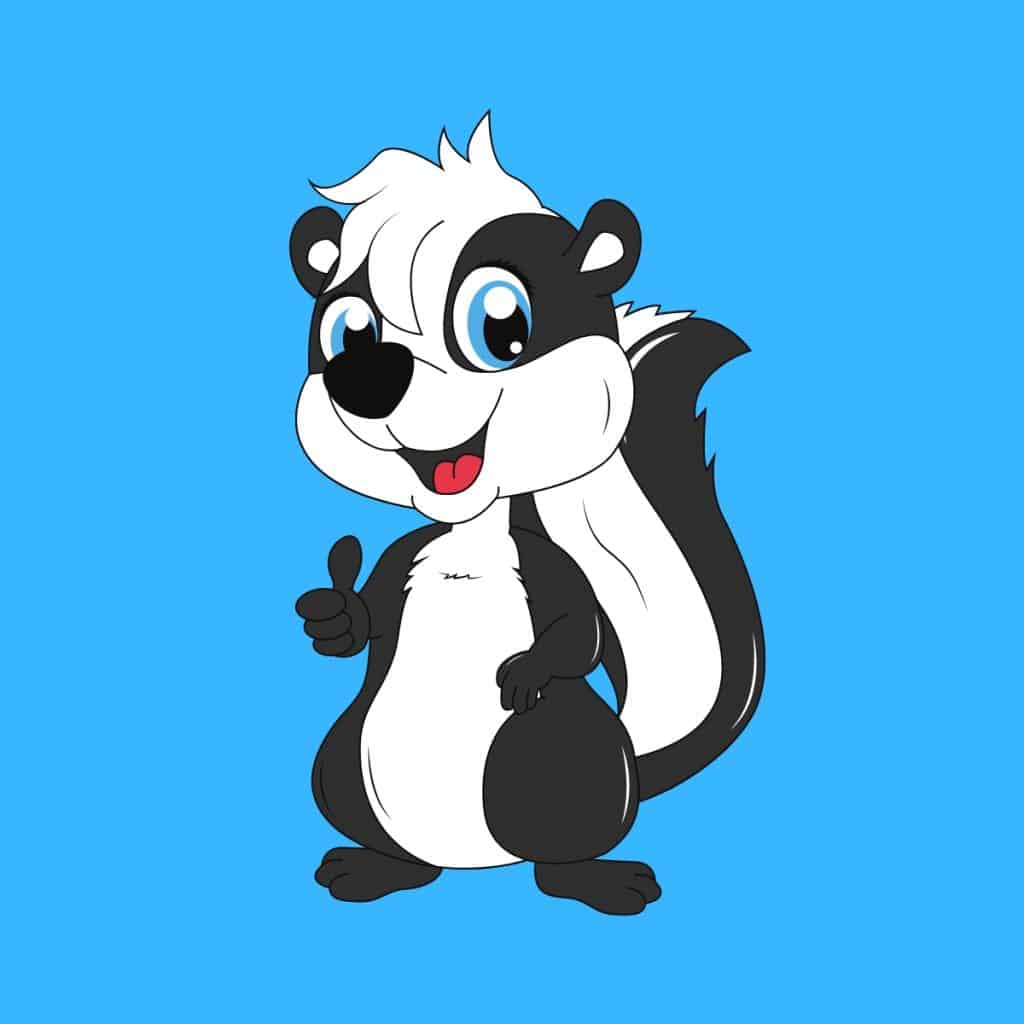 Cartoon graphic of a skunk smiling and doing the thumbs up on a blue background.
