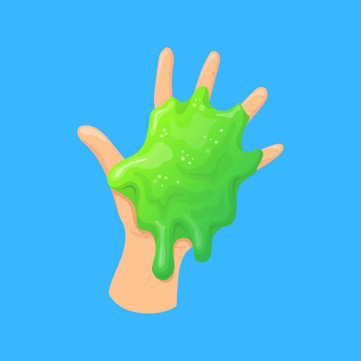 Cartoon graphic of a hand covered in green slime on a blue background.