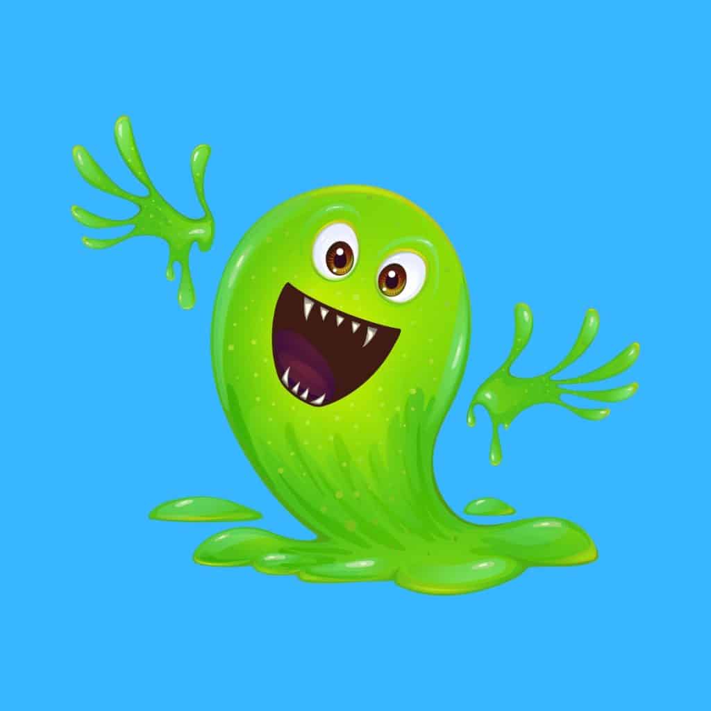 Cartoon graphic of a green slime monster waving and smiling on a blue background.