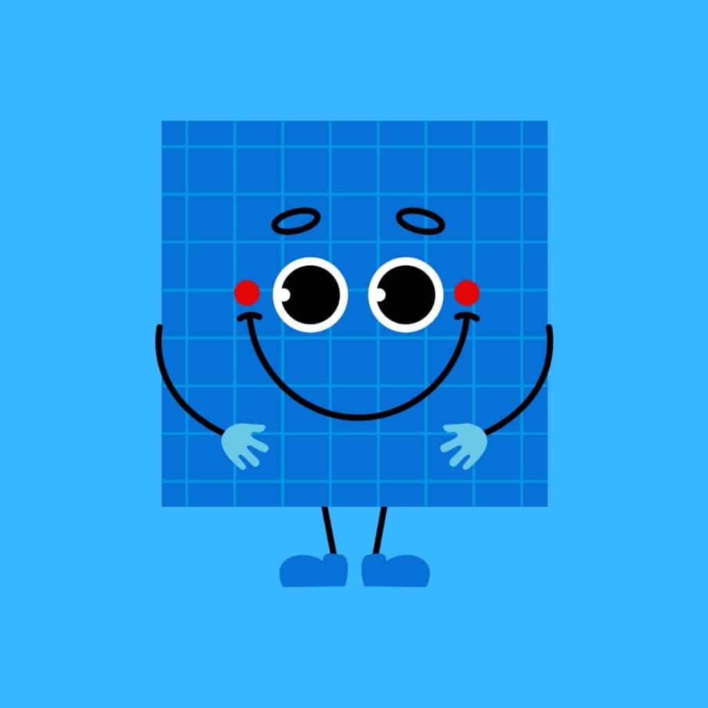 Cartoon graphic of a blue smiling square with hand and legs smiling on blue background.