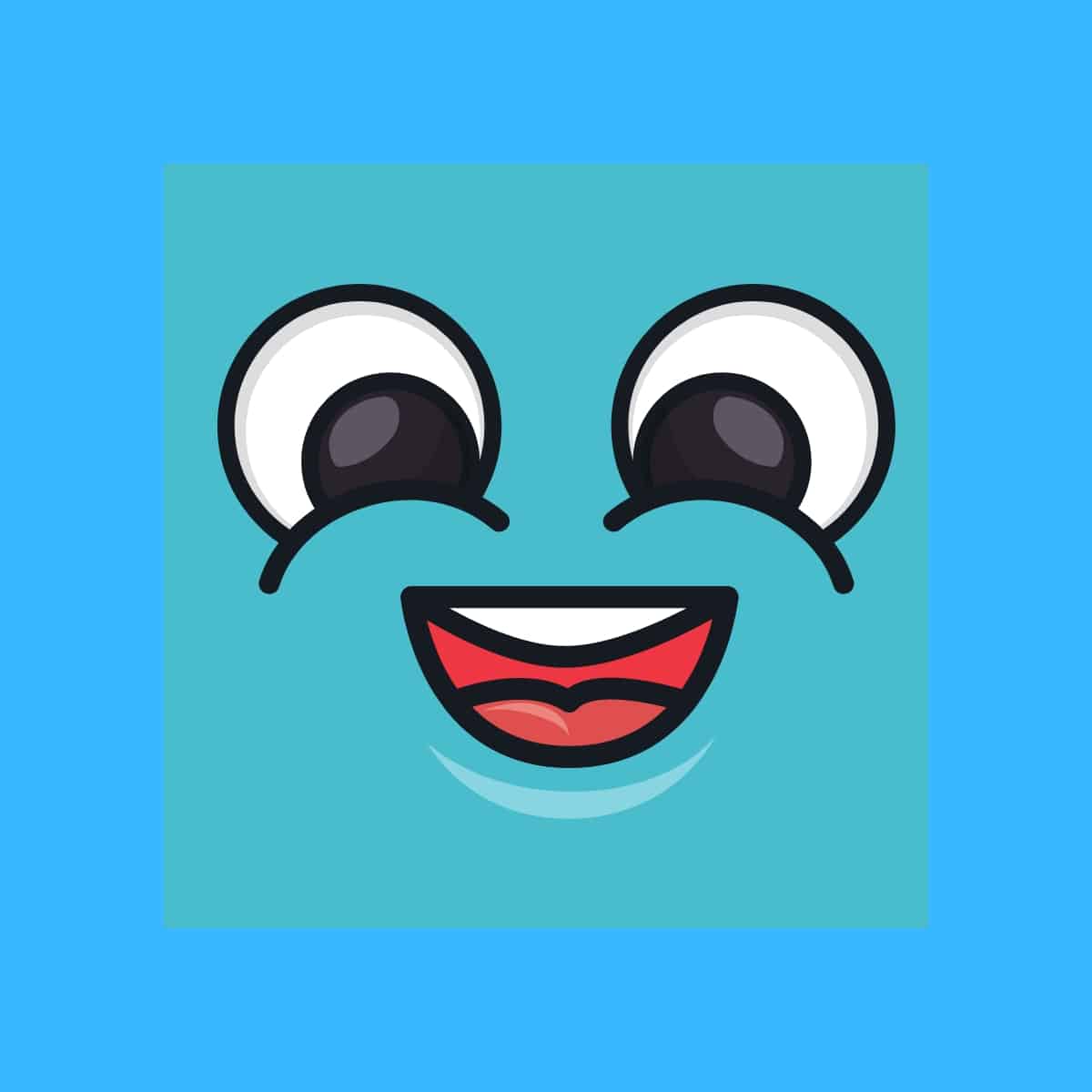 Cartoon graphic of a green square smiling with its mouth open on blue background.