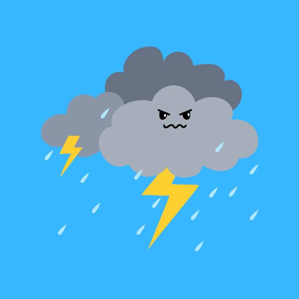 Cartoon graphic of an angry storm cloud with lightning and rain coming out of it on a blue background.