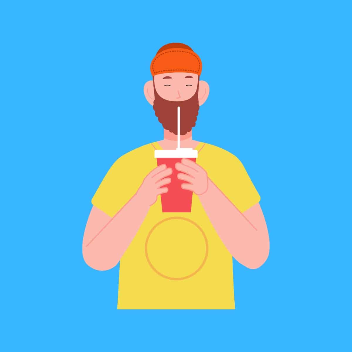 Cartoon graphic of a man with a beard sipping a drink through a long white straw on a blue background.