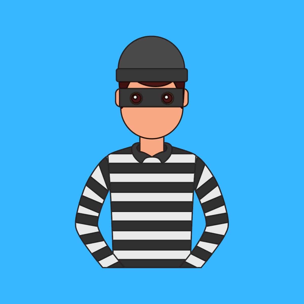 Cartoon graphic of a man with a beanie and eye mask and black and white striped prisoner shirt on a blue background.