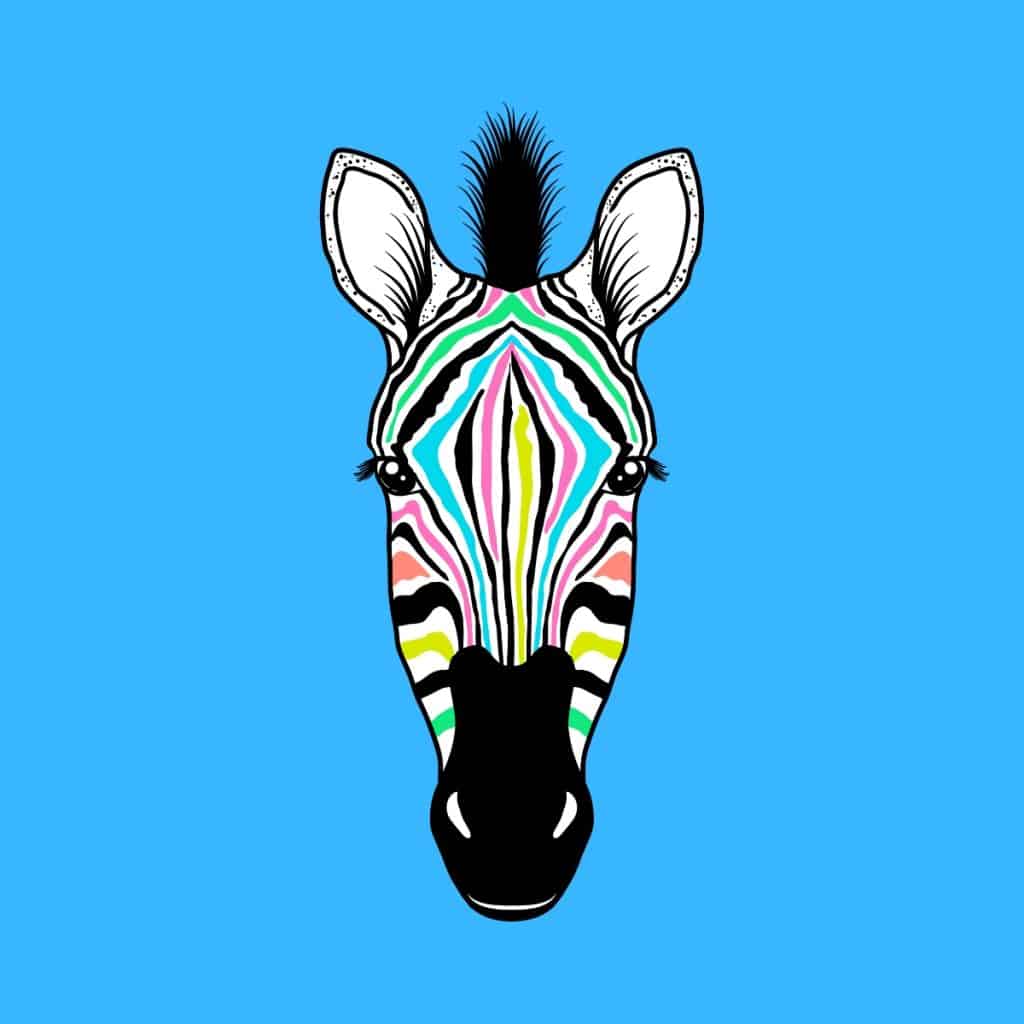 Cartoon graphic of a zebra face with multi-colored stripes on a blue background.