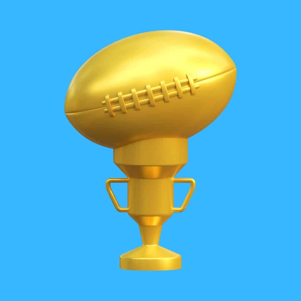 Cartoon graphic of a golden super bowl trophy on a blue background.