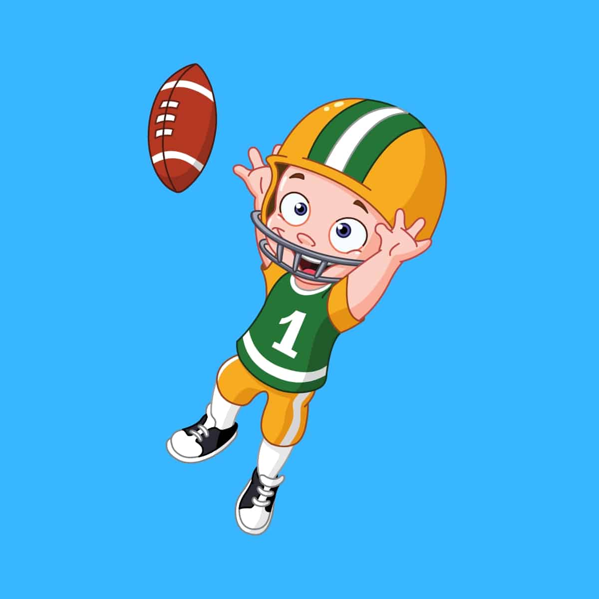 Cartoon graphic of a super bowl football player catching a ball on a blue background.