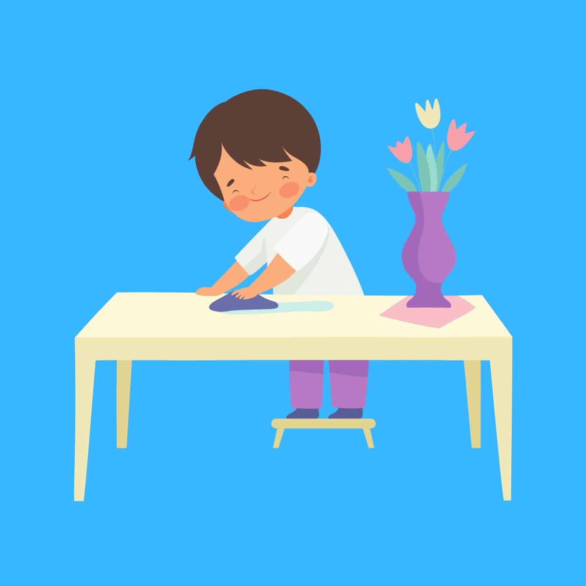 Cartoon graphic of a young boy wiping the table clean on a blue background.