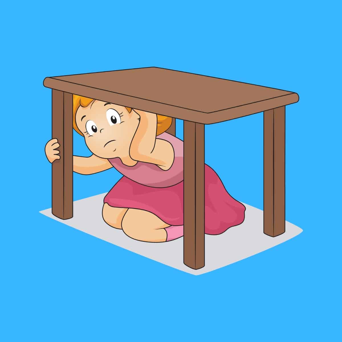 Cartoon graphic of a girl hiding underneath a small table on a blue background.