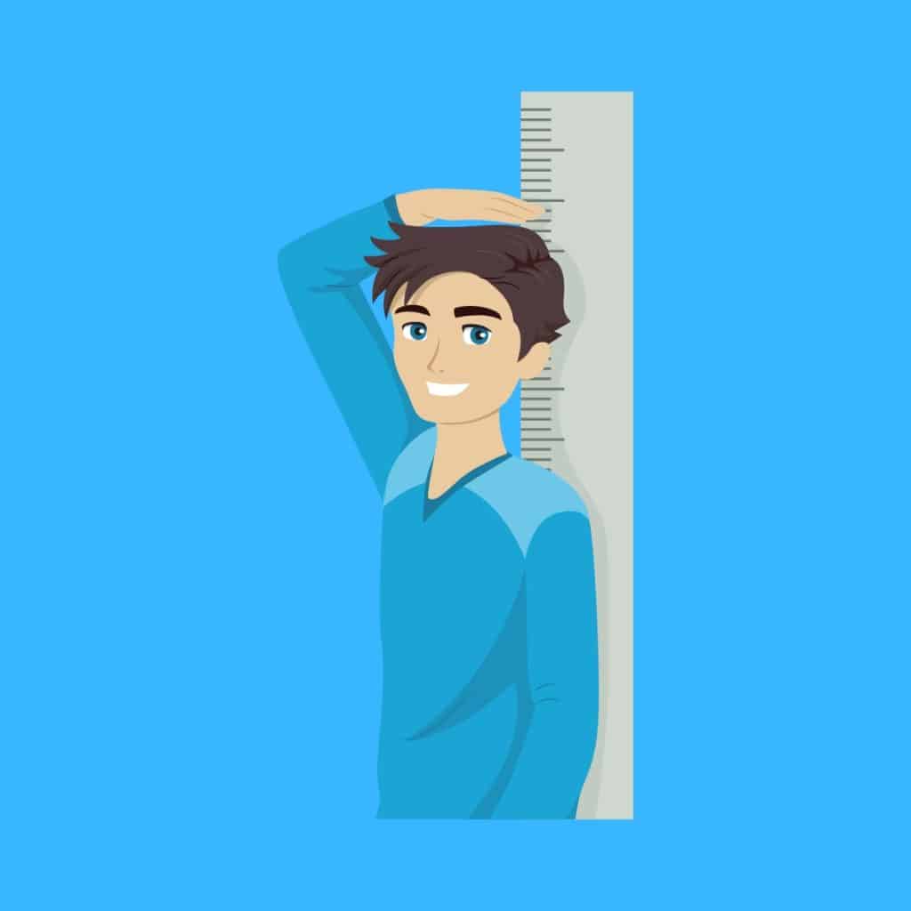 Cartoon graphic of a tall person looking happy while measuring themselves on a blue background.