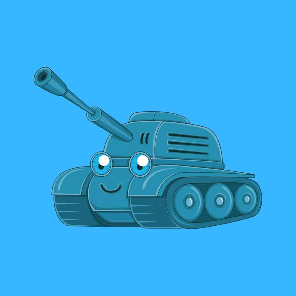 Cartoon graphic of a blue tank with a smiling face on a blue background.