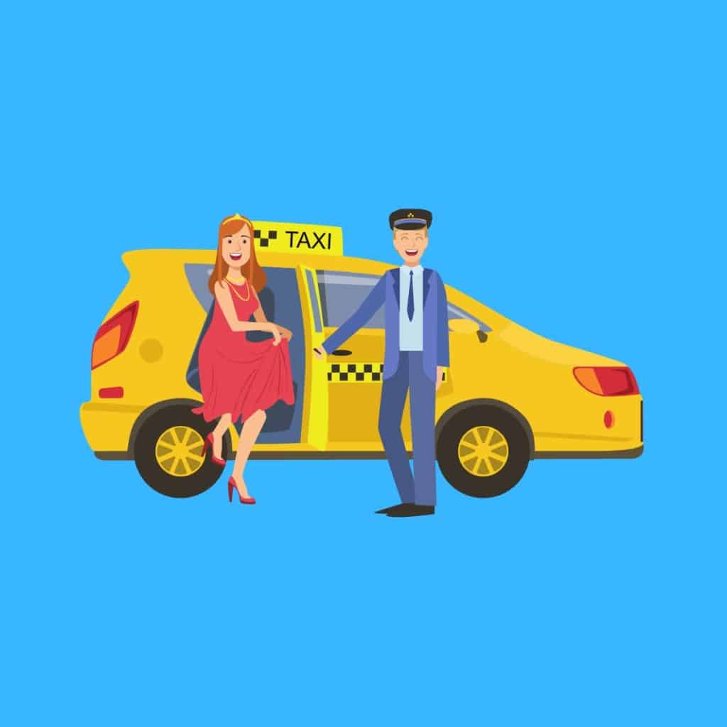 Cartoon graphic of a taxi driver opening the door for a woman in a red dress on a blue background.