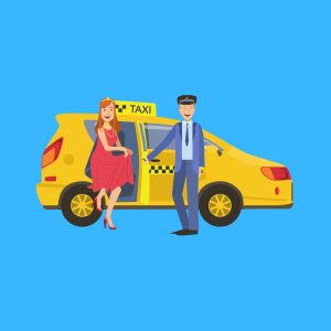 Cartoon graphic of a taxi driver opening the door for a woman in a red dress on a blue background.