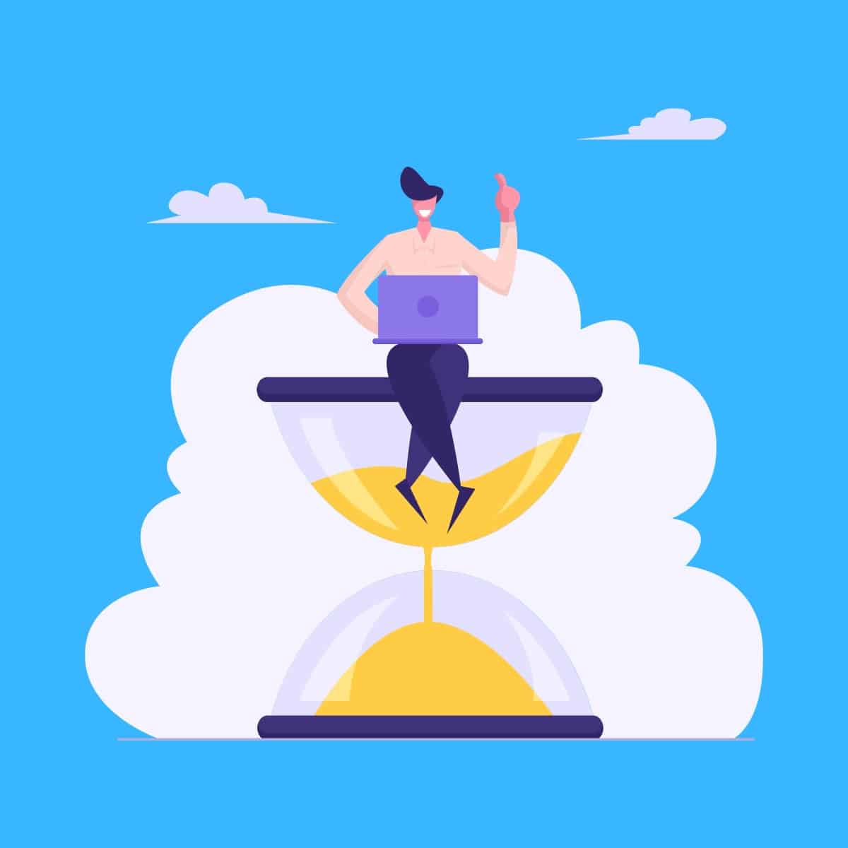 Cartoon graphic of a person on a laptop sitting on a giant hourglass counting time on a blue background.