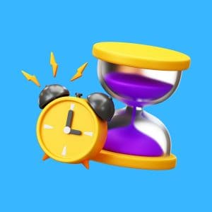 Cartoon graphic of an alarm clock and purple sand hourglass telling the time on a blue background.