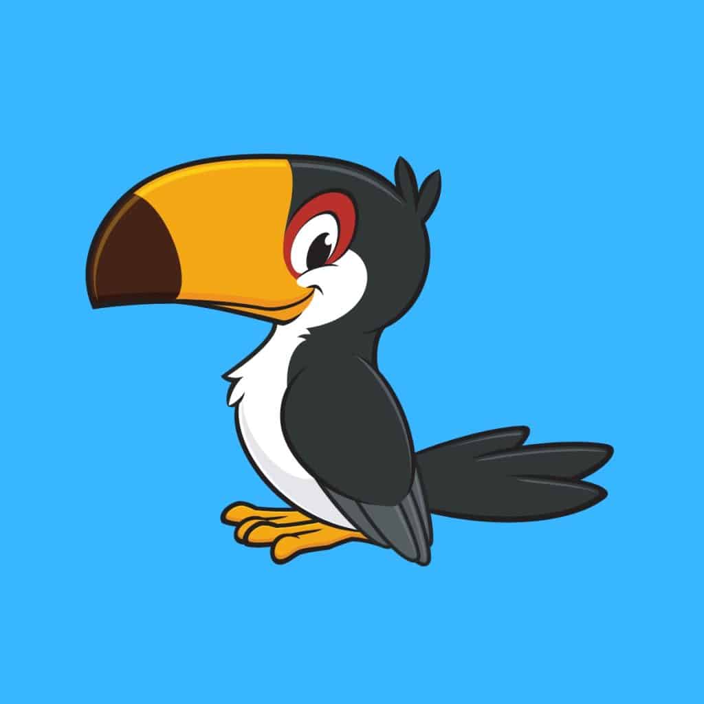 Cartoon graphic of a cute smiling toucan on a blue background.