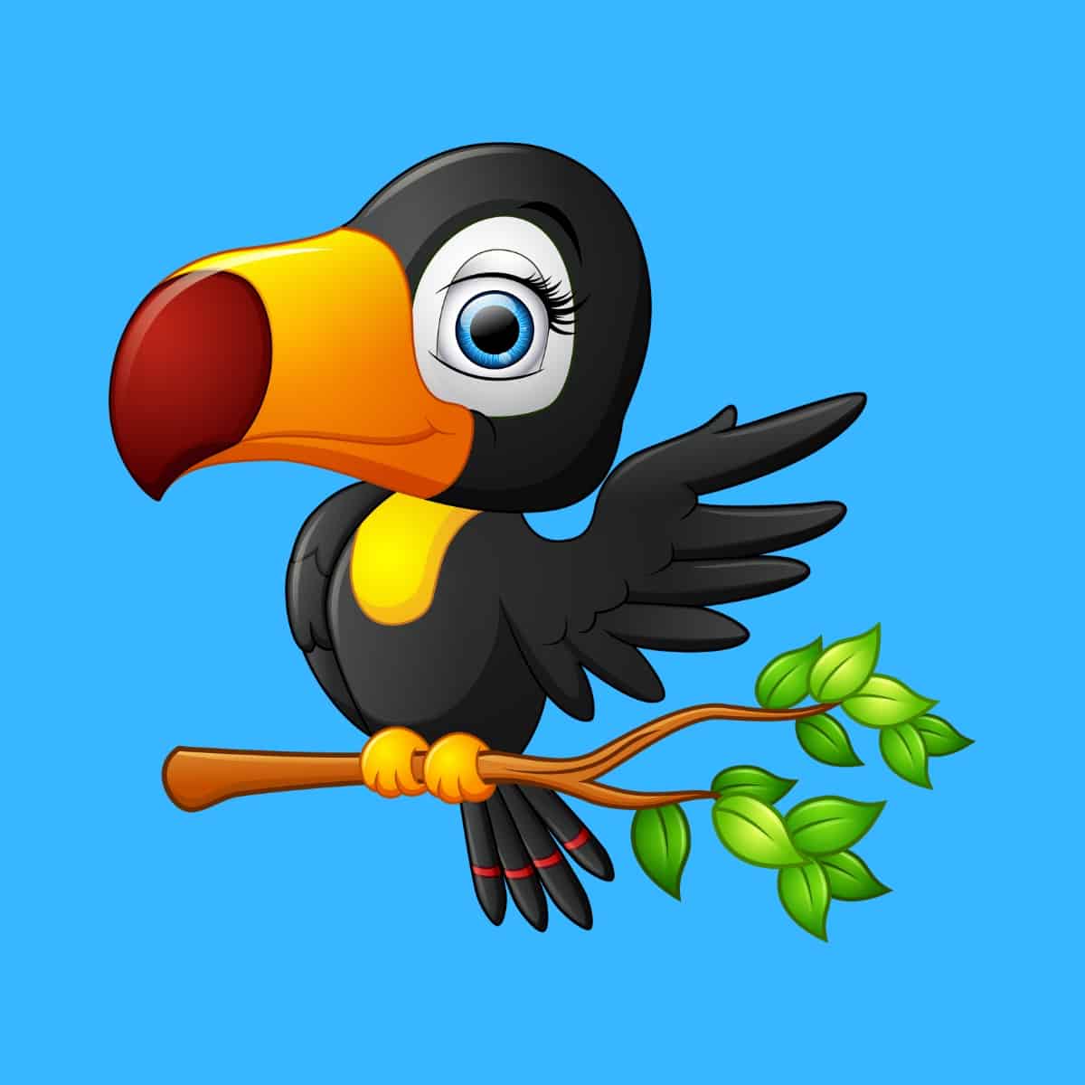 Cartoon graphic of a toucan waving from a branch on a blue background.