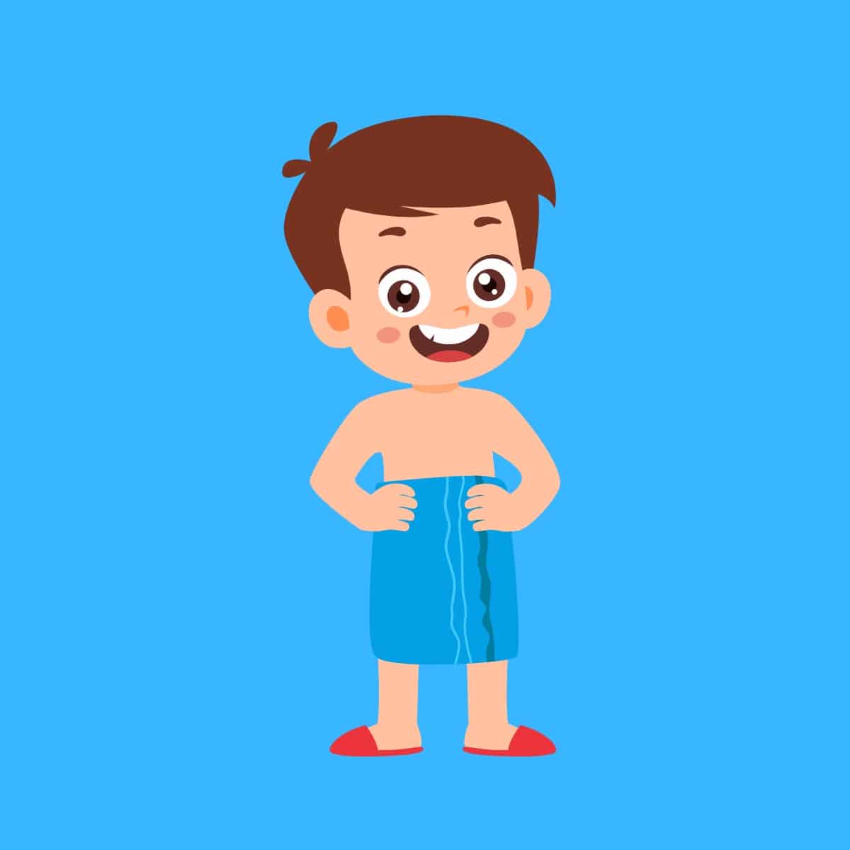 Cartoon graphic of a boy smiling with a blue towel wrapped around his waist on a blue background.