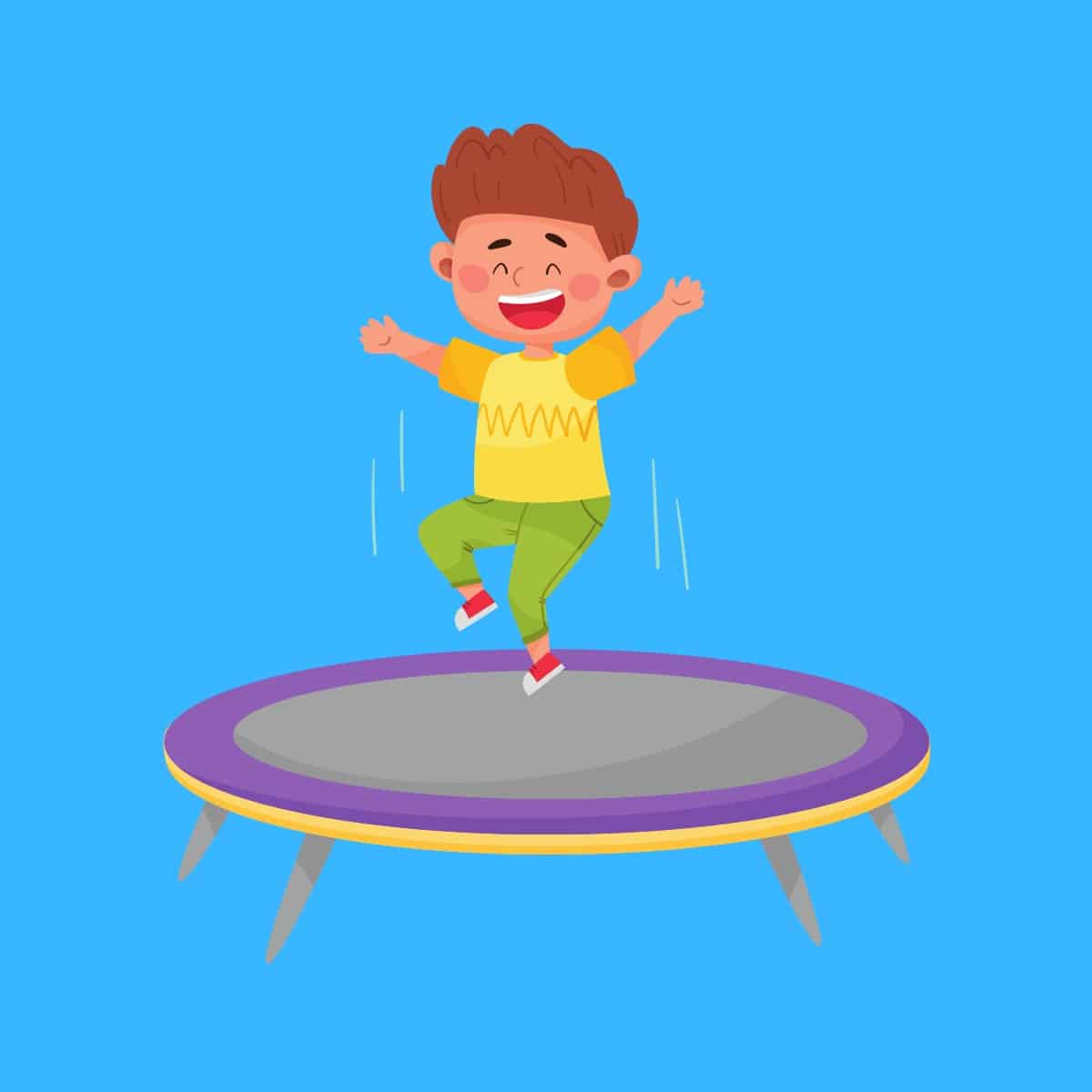 Cartoon graphic of a boy smiling and jumping on a trampoline on a blue background.