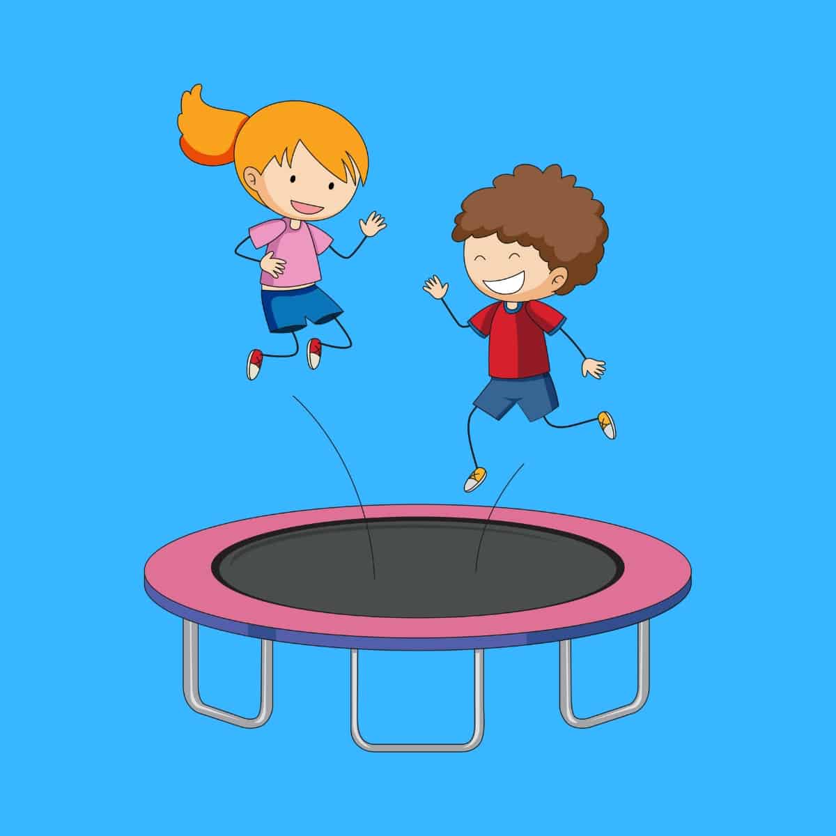 Cartoon graphic of a boy and a girl smiling and jumping on a trampoline on a blue background.