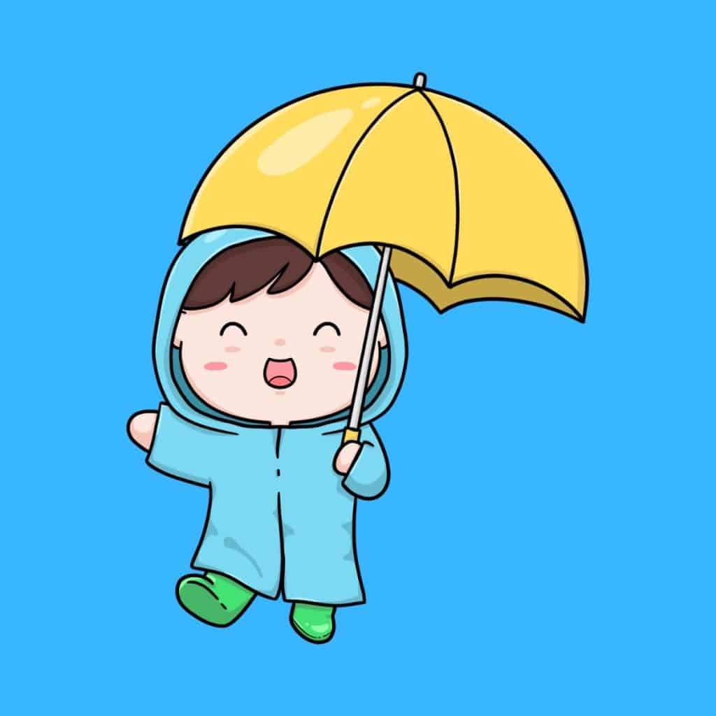 Cartoon graphic of a young boy smiling and holding a yellow umbrella over his head on a blue background.