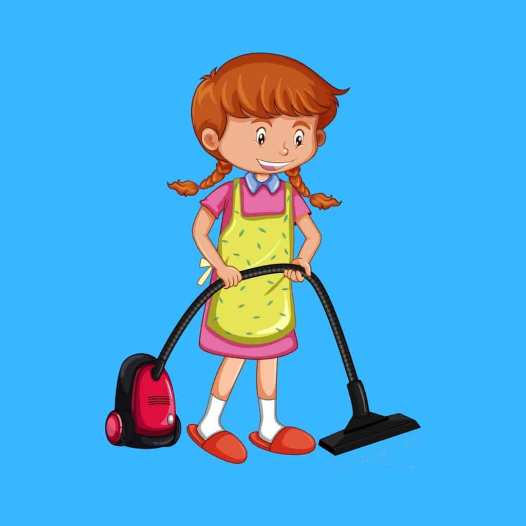 Cartoon graphic of a young girl using a vacuum cleaner on a blue background.