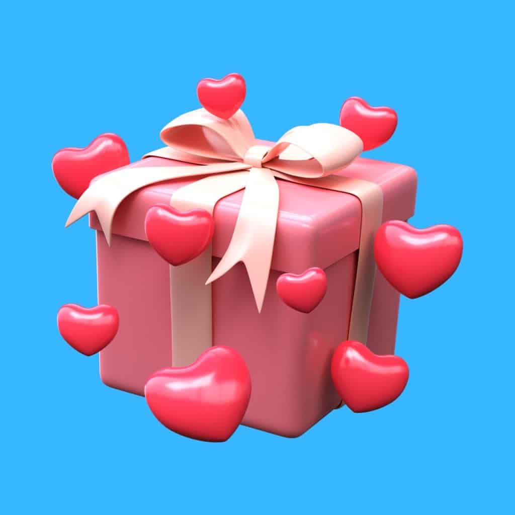 Cartoon graphic of a pink present with love hearts floating around it for Valentine's day on a blue background.