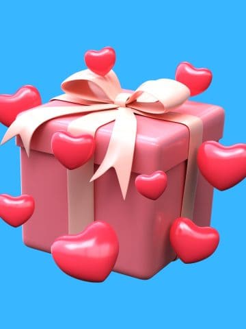 Cartoon graphic of a pink present with love hearts floating around it for Valentine's day on a blue background.