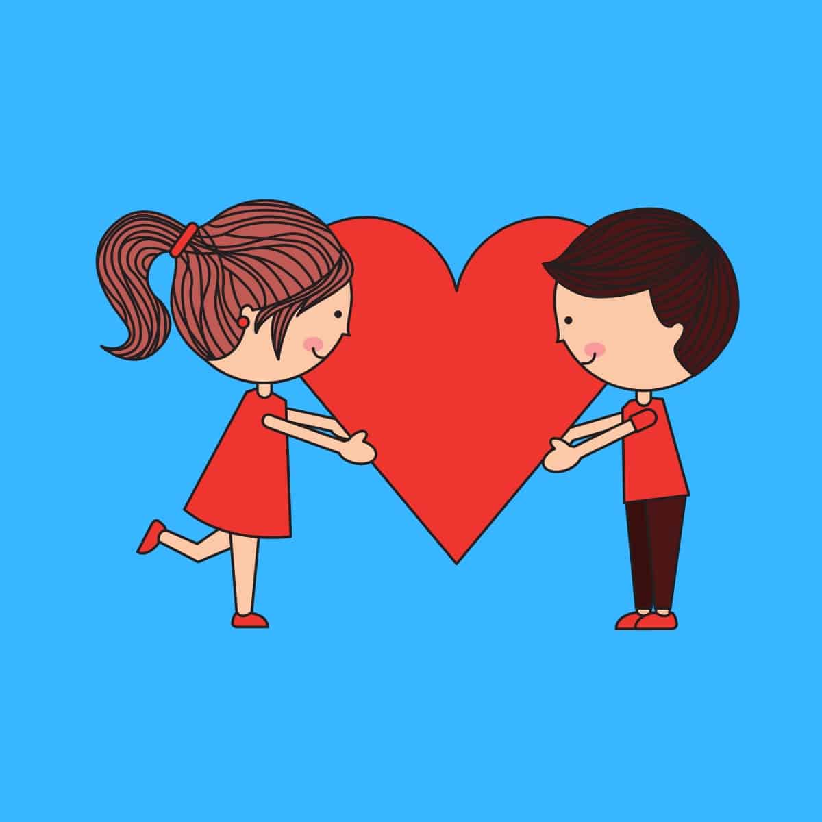 Cartoon graphic of a boy and girl holding a big red love heart for Valentine's day on a blue background.