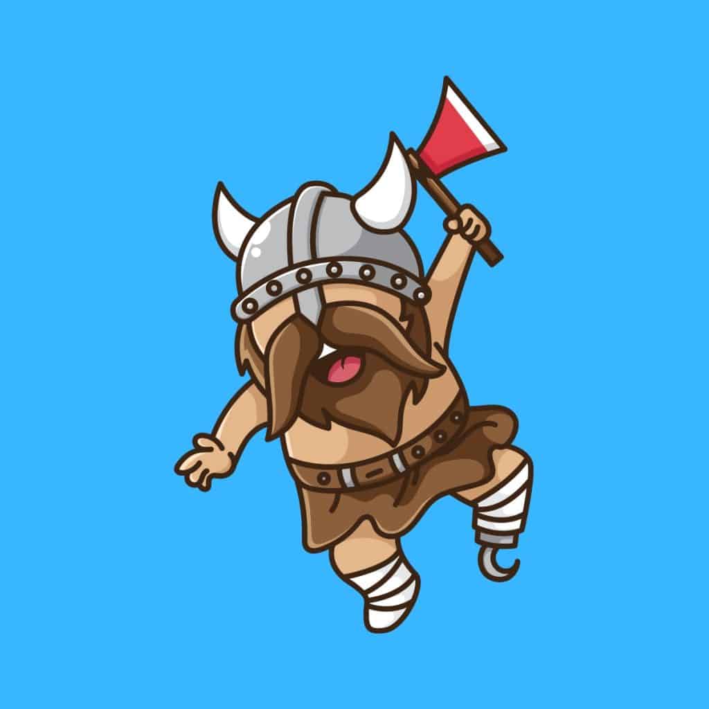 Cartoon graphic of a Viking holding an axe and helmet coving his eyes on a blue background.