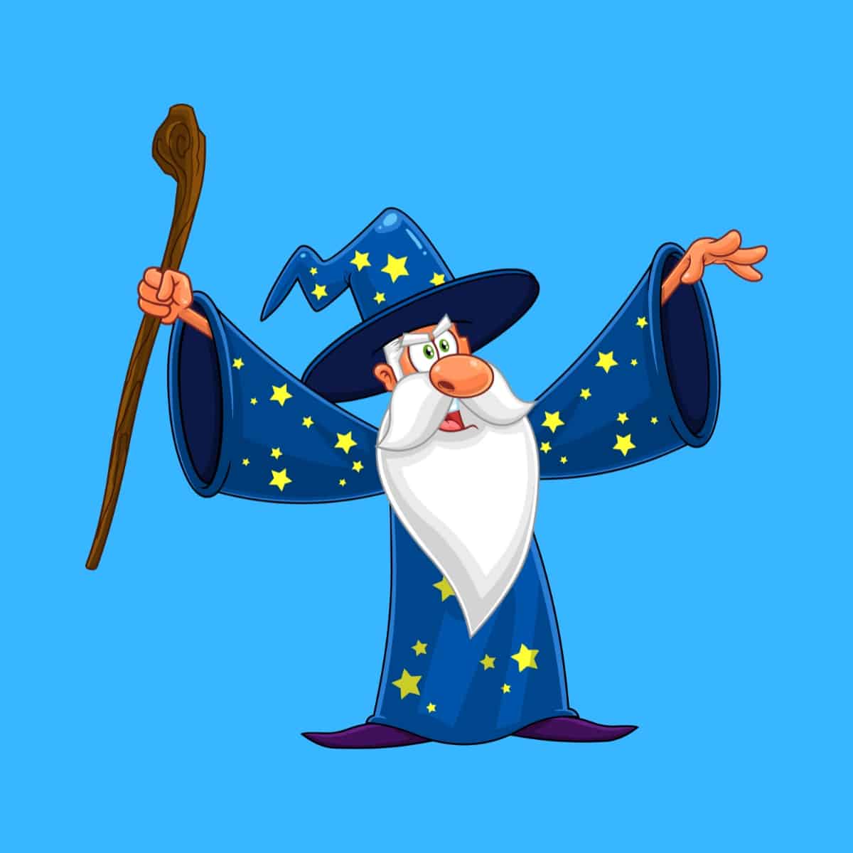 Cartoon graphic of a wizard with both arms up in the air about to cast a spell on a blue background.