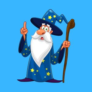 Cartoon graphic of a wizard pointing up and holding a staff on a blue background.