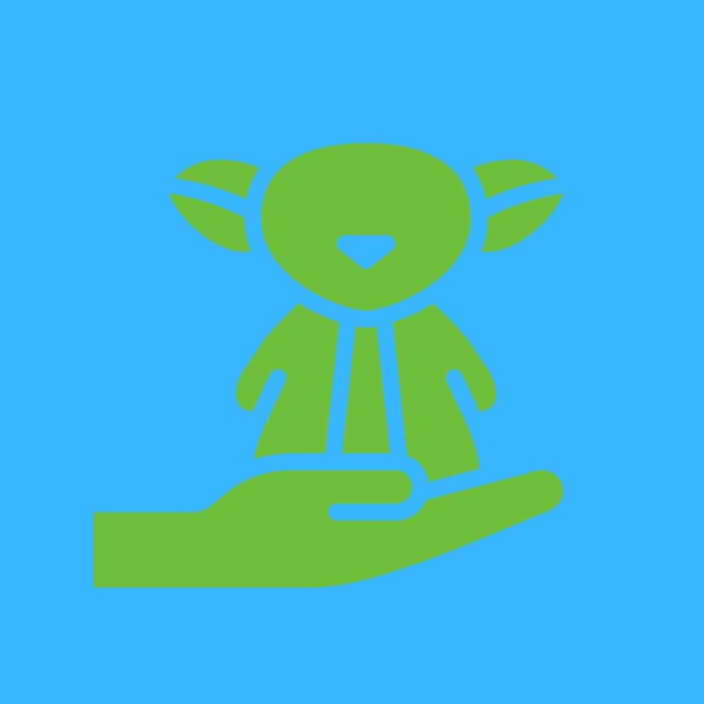 Cartoon graphic of a baby Yoda on a hand on a blue background.