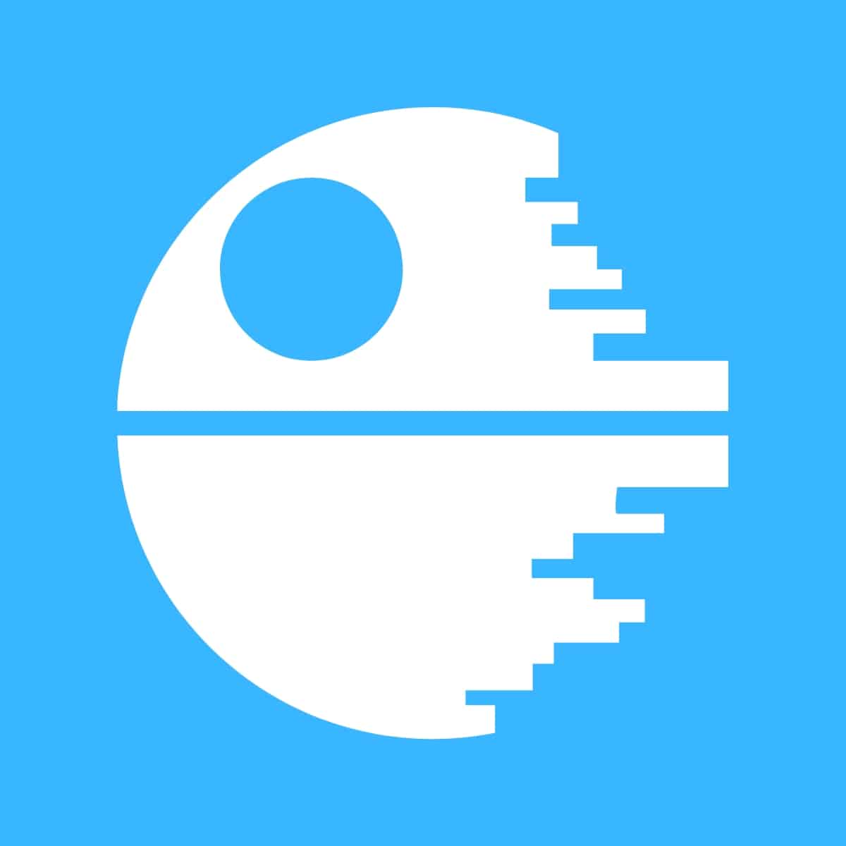 Cartoon graphic of half a white death star on a blue background.